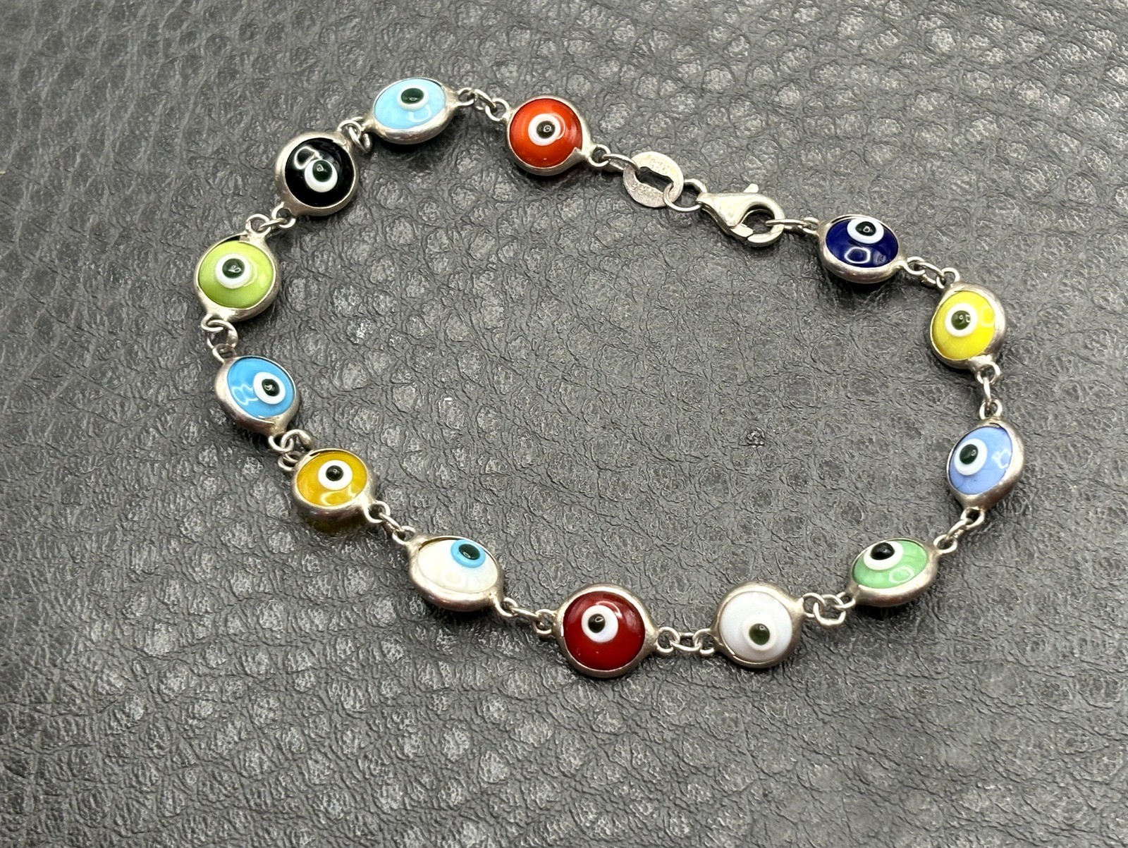 Vintage Sterling Silver 925 Multicolor Glass Evil Eye Link Bracelet 7.5″