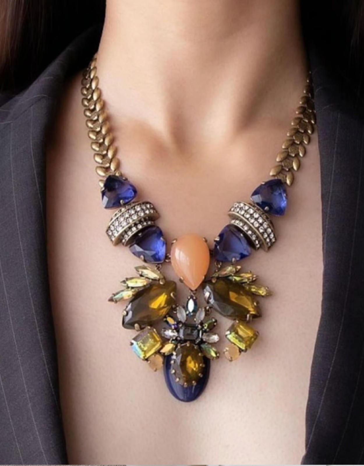 J.Crew Peach, Brown, and Royal Blue Jewel Rhinestone Statement Bib Necklace