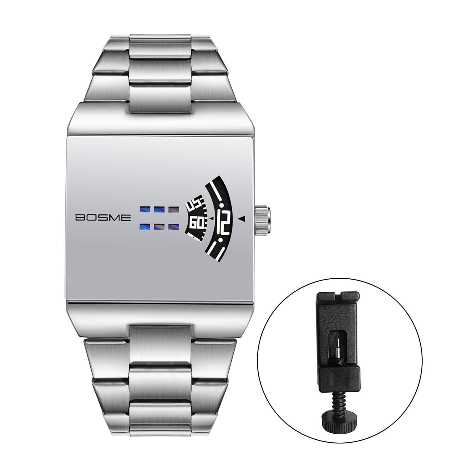 Men’s Steampunk Stainless Steel Square Wrist Watch No-Hand Jumping Hour Display