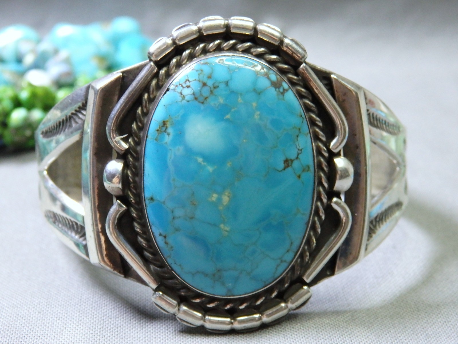 Fred Harvey Era NAVAJO Natural BLUE GEM TURQUOISE Coin Silver 50g CUFF Bracelet