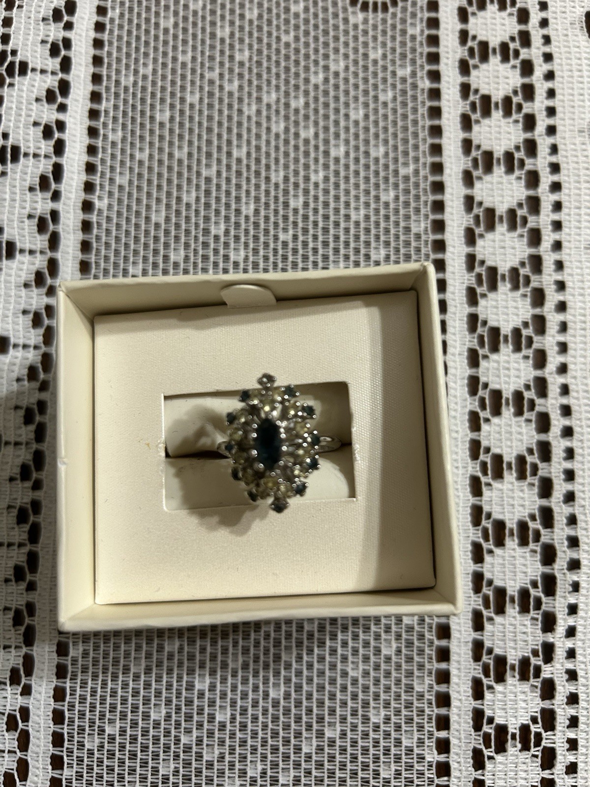 Vintage Art Deco Style Marquise Cut Blue Sapphire and rhinestones 18 kHGE Sz8
