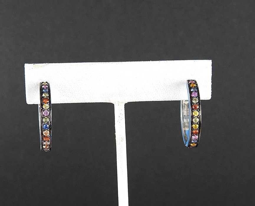 Vintage EFFY Balissima 925 Sterling Silver Enamel Multi Gemstone Hoop Earrings