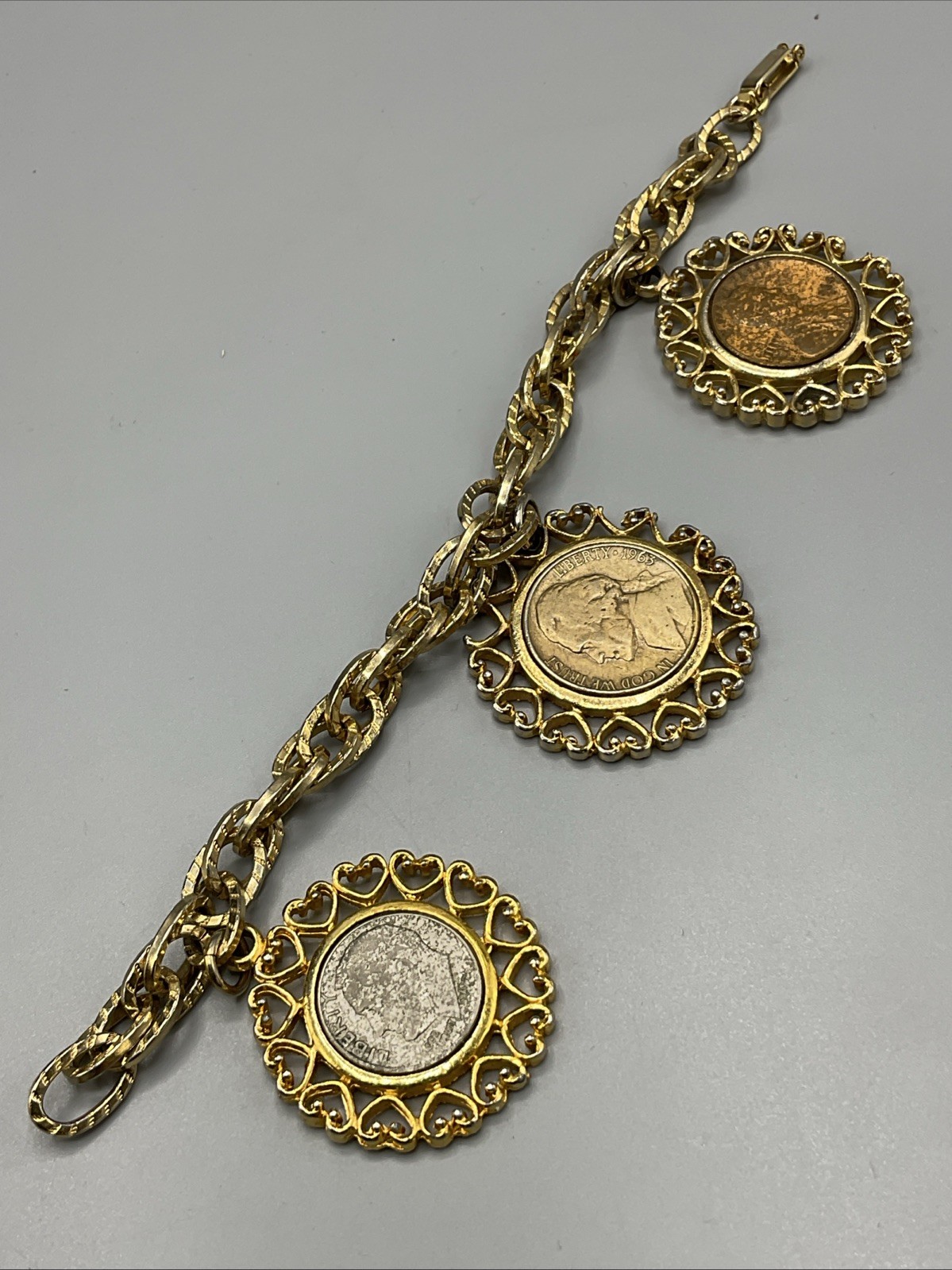 Vintage 3 Coins Dime Penny Nickel US Mint Charm Bracelet