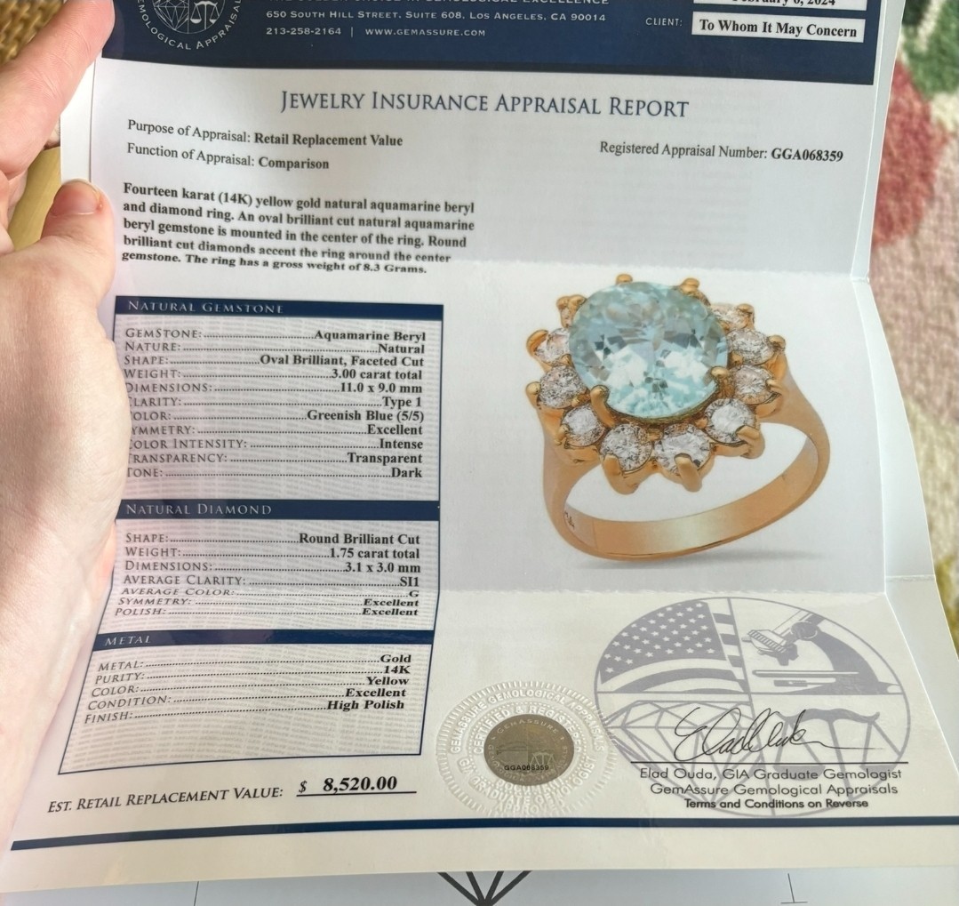 Natural Aquamarine 3 Carats set in 14K Yellow Gold Ring with 1.75 CTW Diamonds