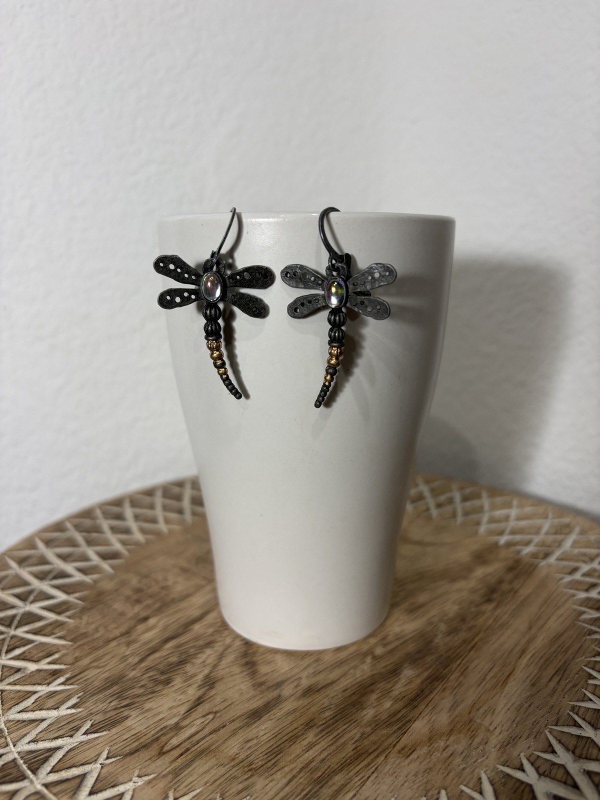 Dragonfly Dangle Leverback Earrings Iridescent Accent Gold Tone Beads
