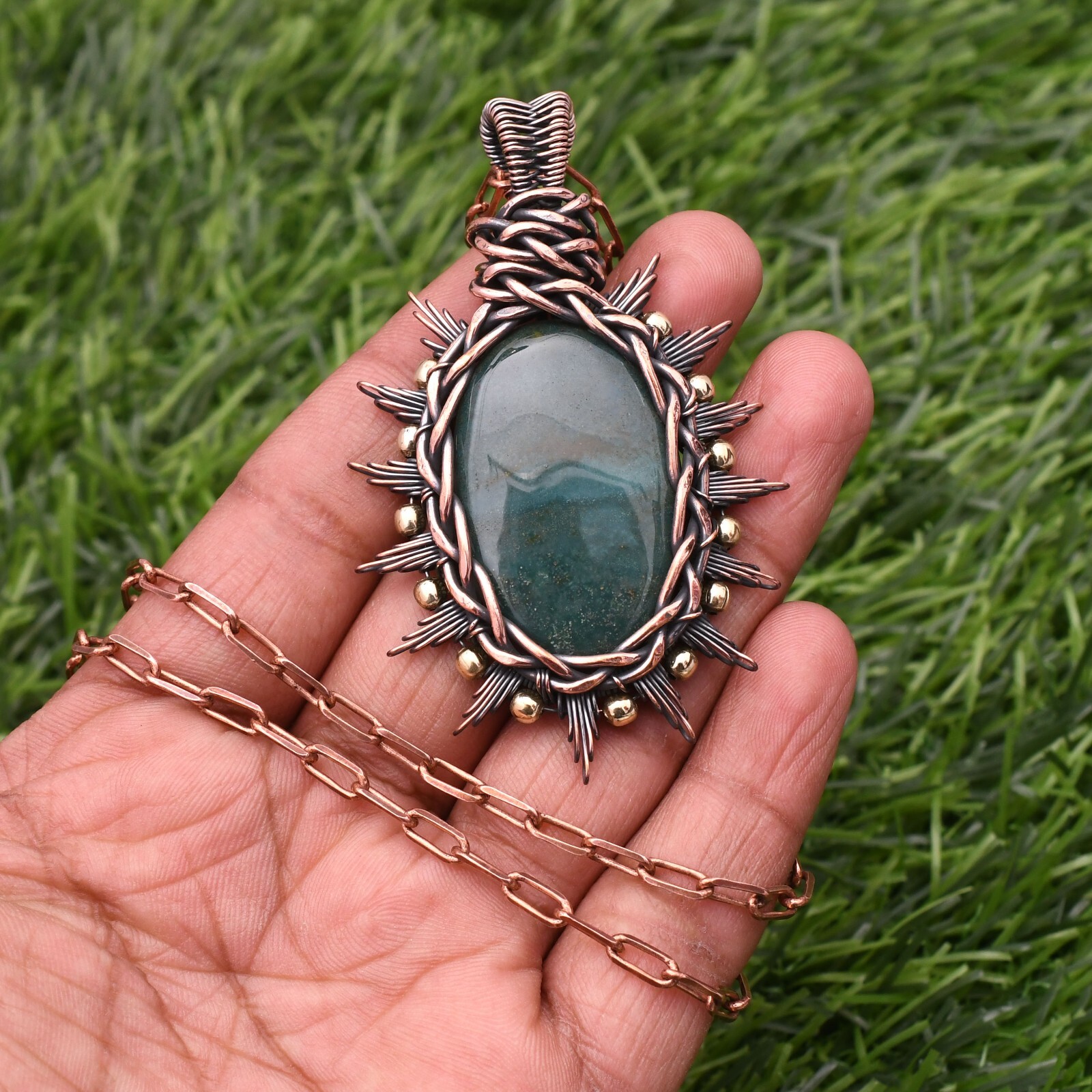 Blood Stone Gemstone Copper Wire Wrap Handmade Jewelry Pendant 2.28″