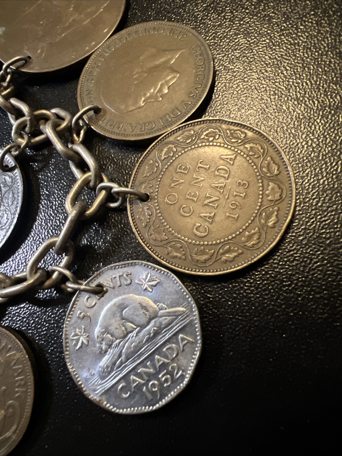 Vintage 835 Continental Silver Coin Charm Bracelet Travel World Coins European