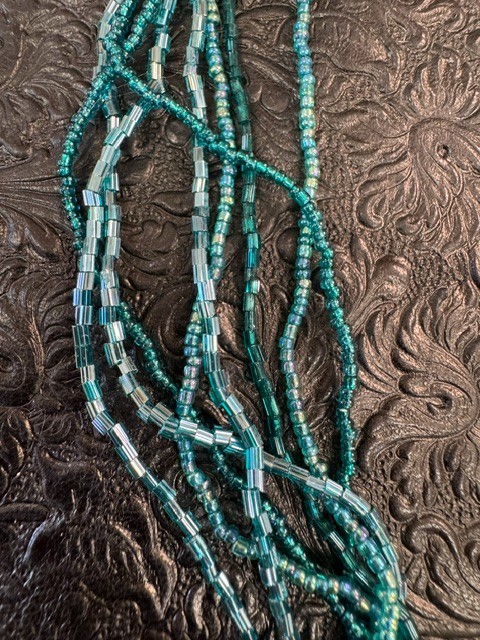 Boho Teal Multi Strand Seed Bead Necklace Silver Tone Faux Malachite Pendant
