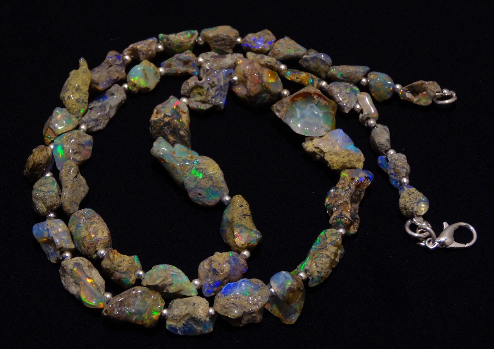 Rainbow Fire Black Opal Rough 9 to 15 mm Freeform Nugget Beads Necklace 19″