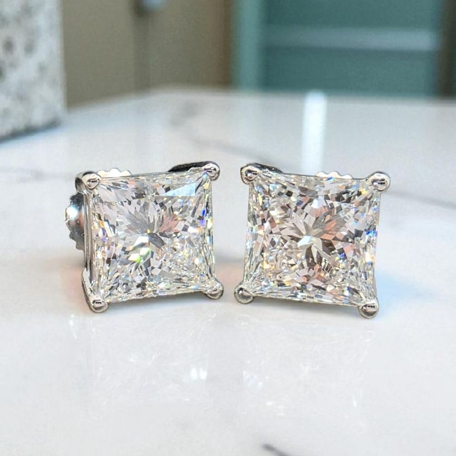 4.00Ct Princess Cut Lab Grown Diamond Stud 14k White Gold Earrings IGI Certified