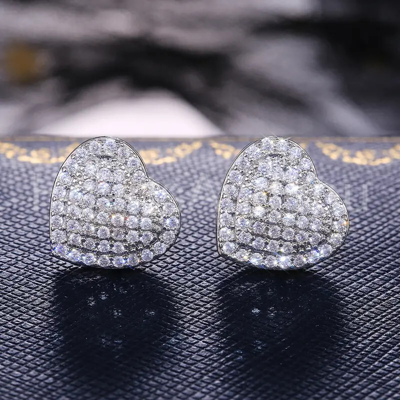 2ct Round Cut Moissanite Puff Heart Stud Valentine Earring 14K White Gold Plated