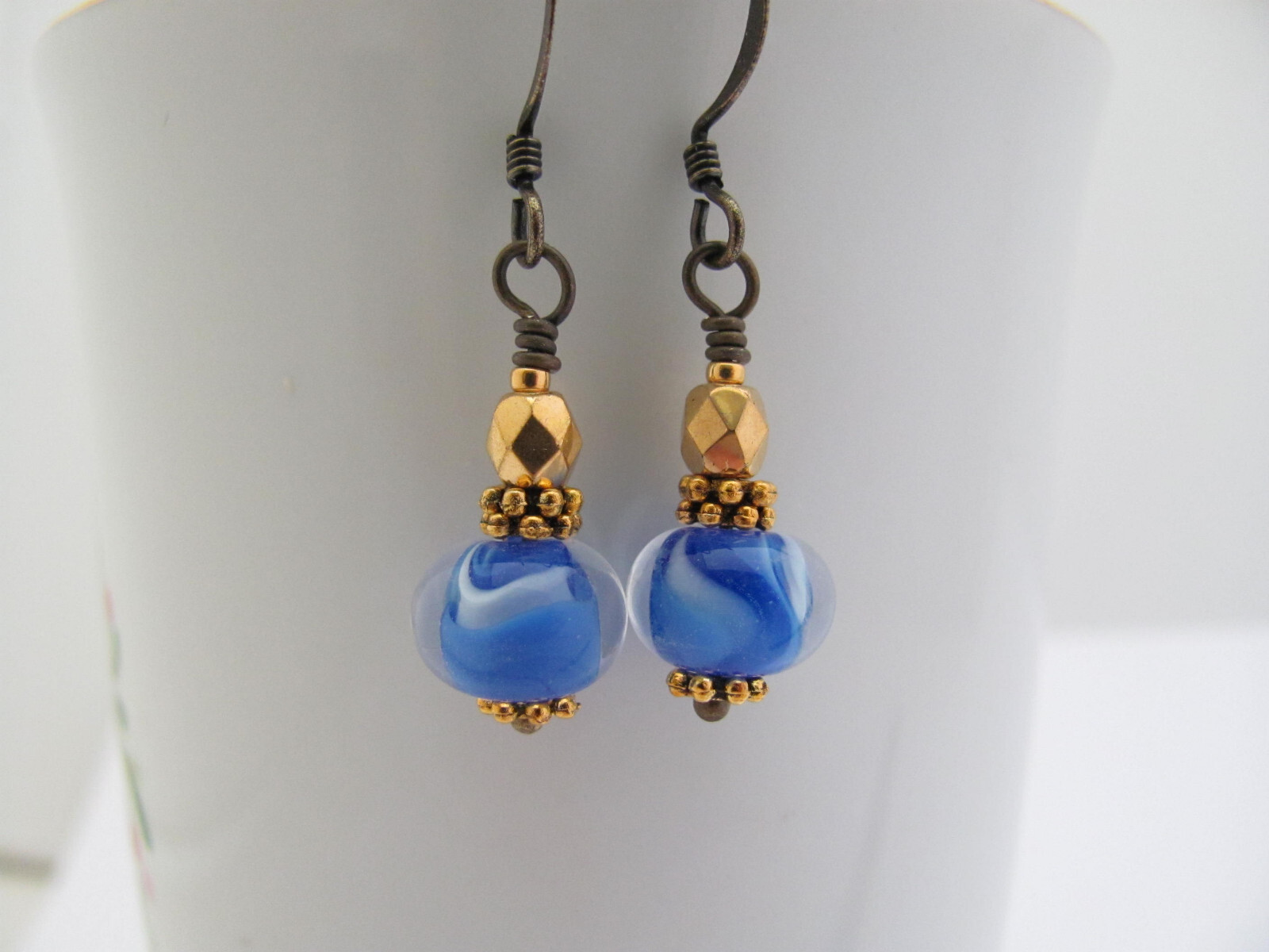 Blue White Earrings Lampwork Glass Antiqued Brass Dainty Boho Chic