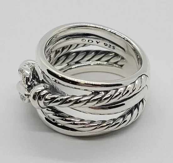David Yurman Sterling Silver and Diamonds Buckle Crossover Ring Size 7