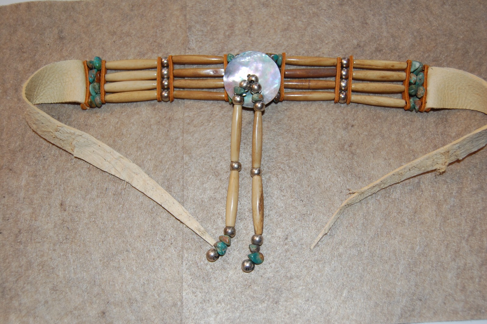 Antiqued Buffalo bone Hair-pipe Choker Necklace Abalone Turquoise Native Tribal