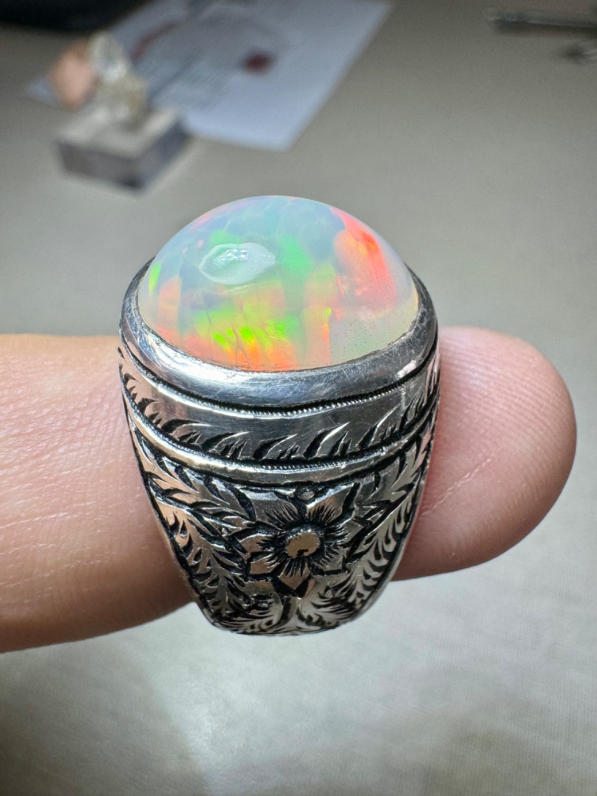 6.90 carats Natural Ethiopian White Opal Handmade Size 11.5 Silver Ring for Male