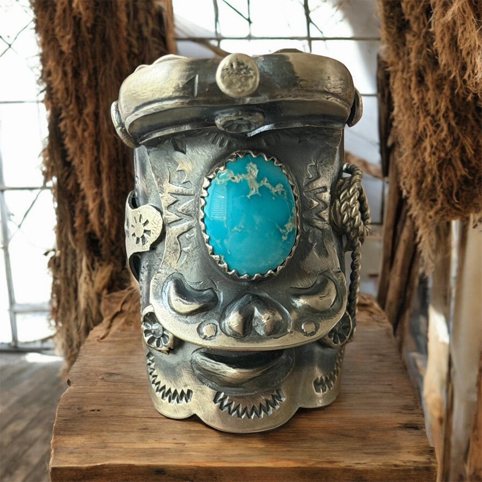 Tim Yazzie Sonoran Turquoise Navajo Sterling Silver Saddle Ring Size 8 Statement
