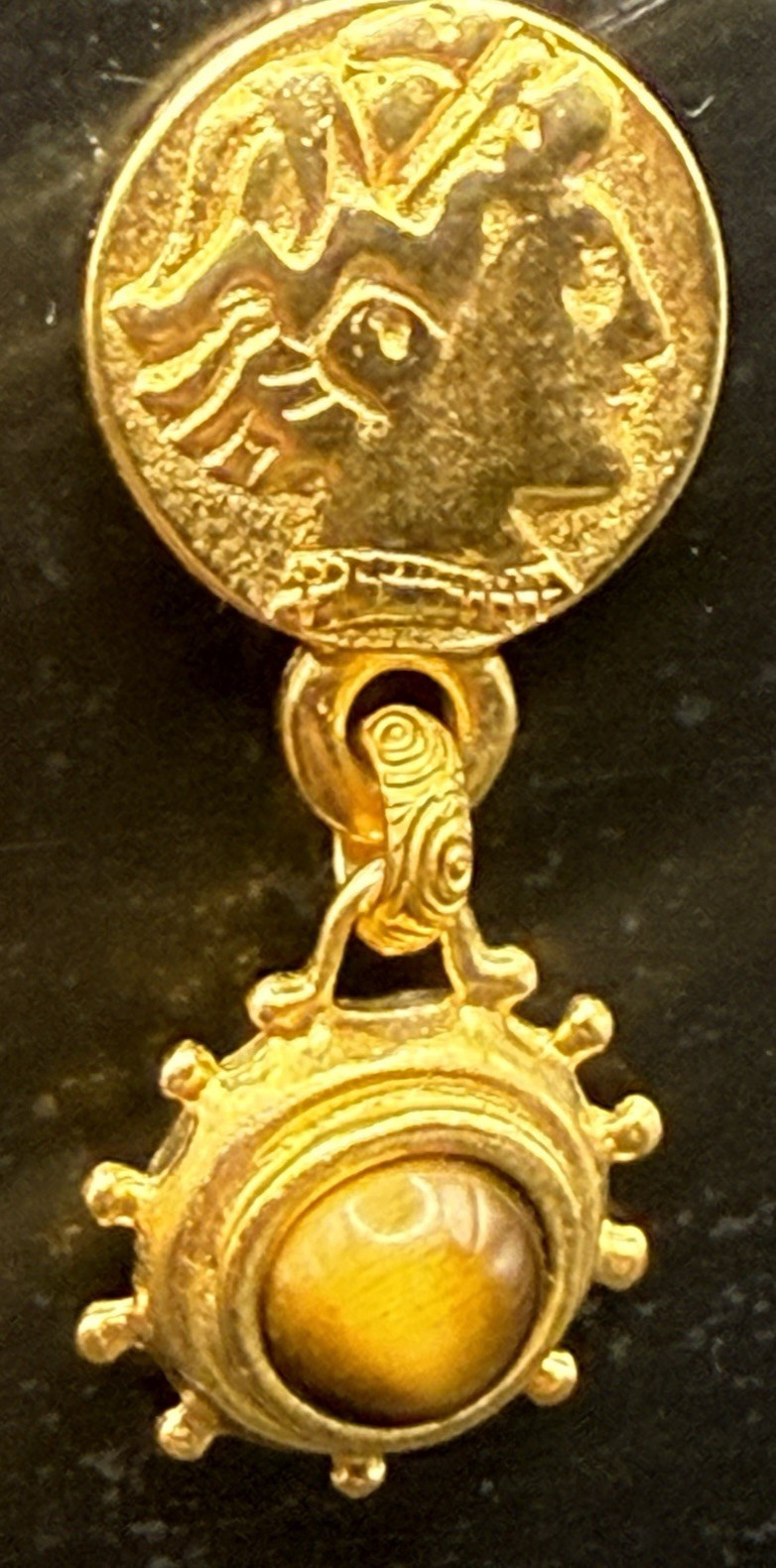 Robert Rose Roman Coin Dangle drop earrings pierced faces gold tone Vintage