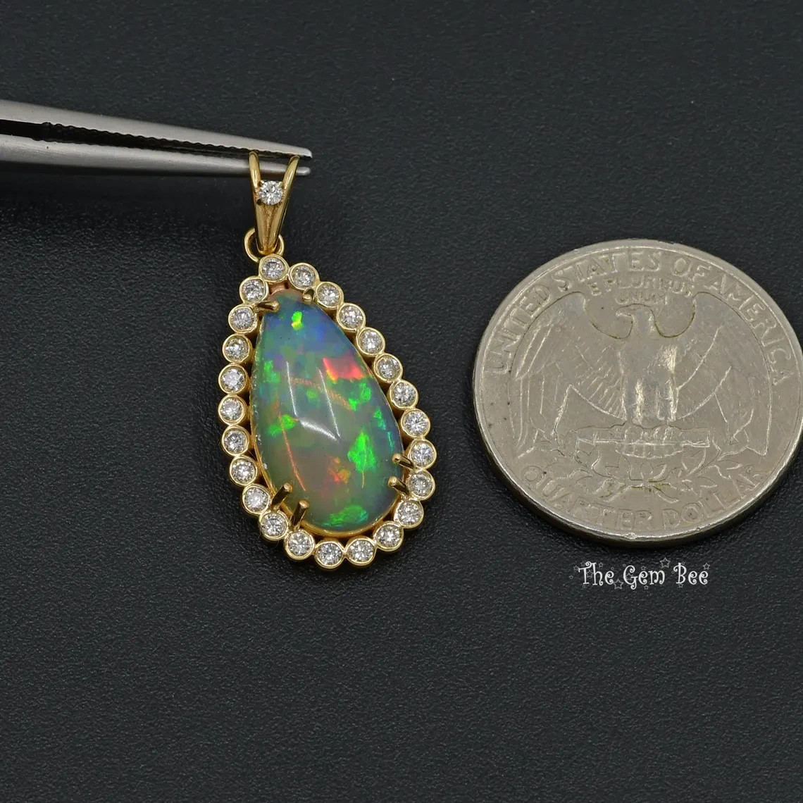 14k Yellow Gold 3.95CT Pear Shape Natural Opal 0.47CT Diamond Necklace Pendant