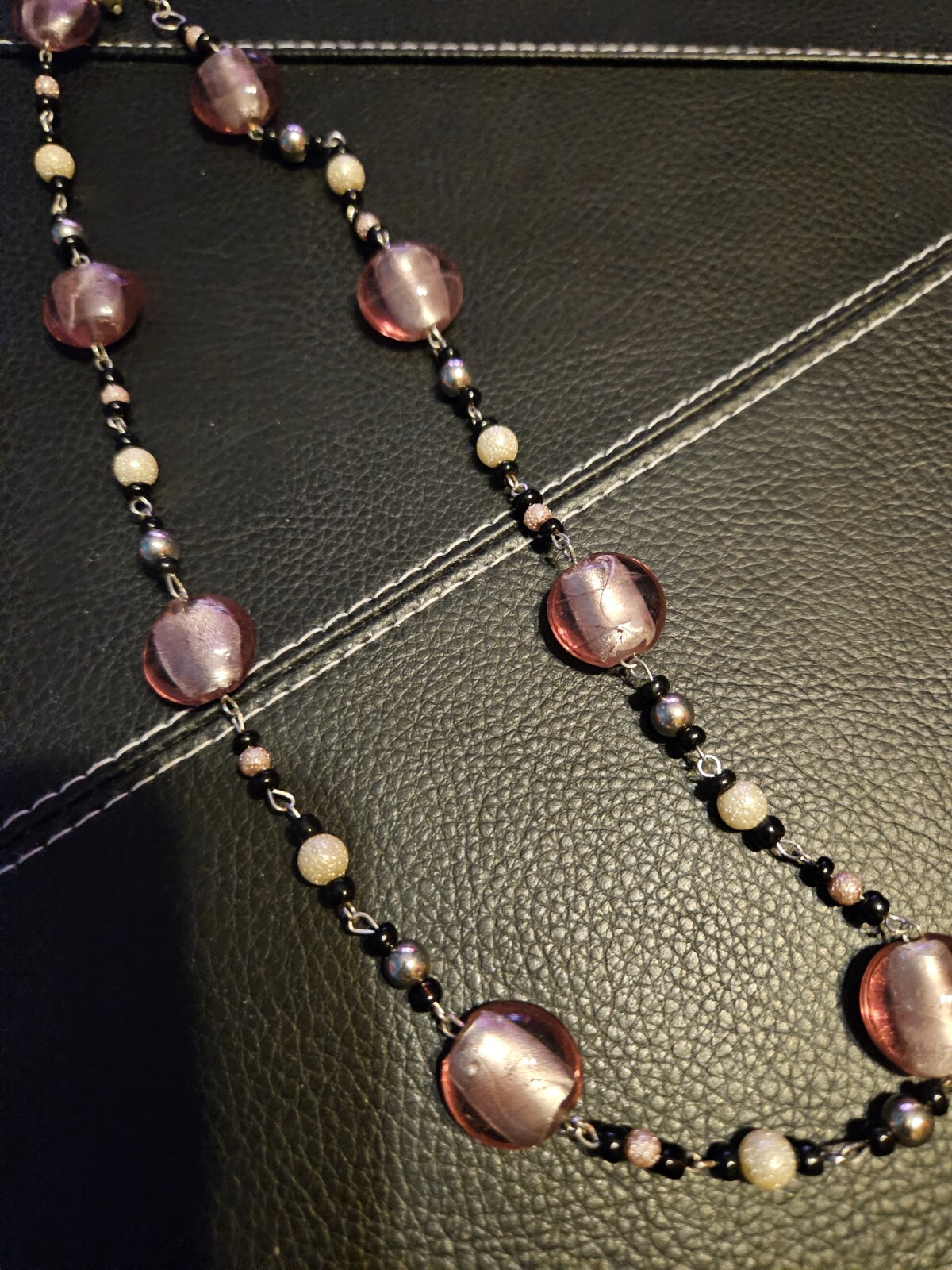 Glass Beaded necklace black mauve and white colors New