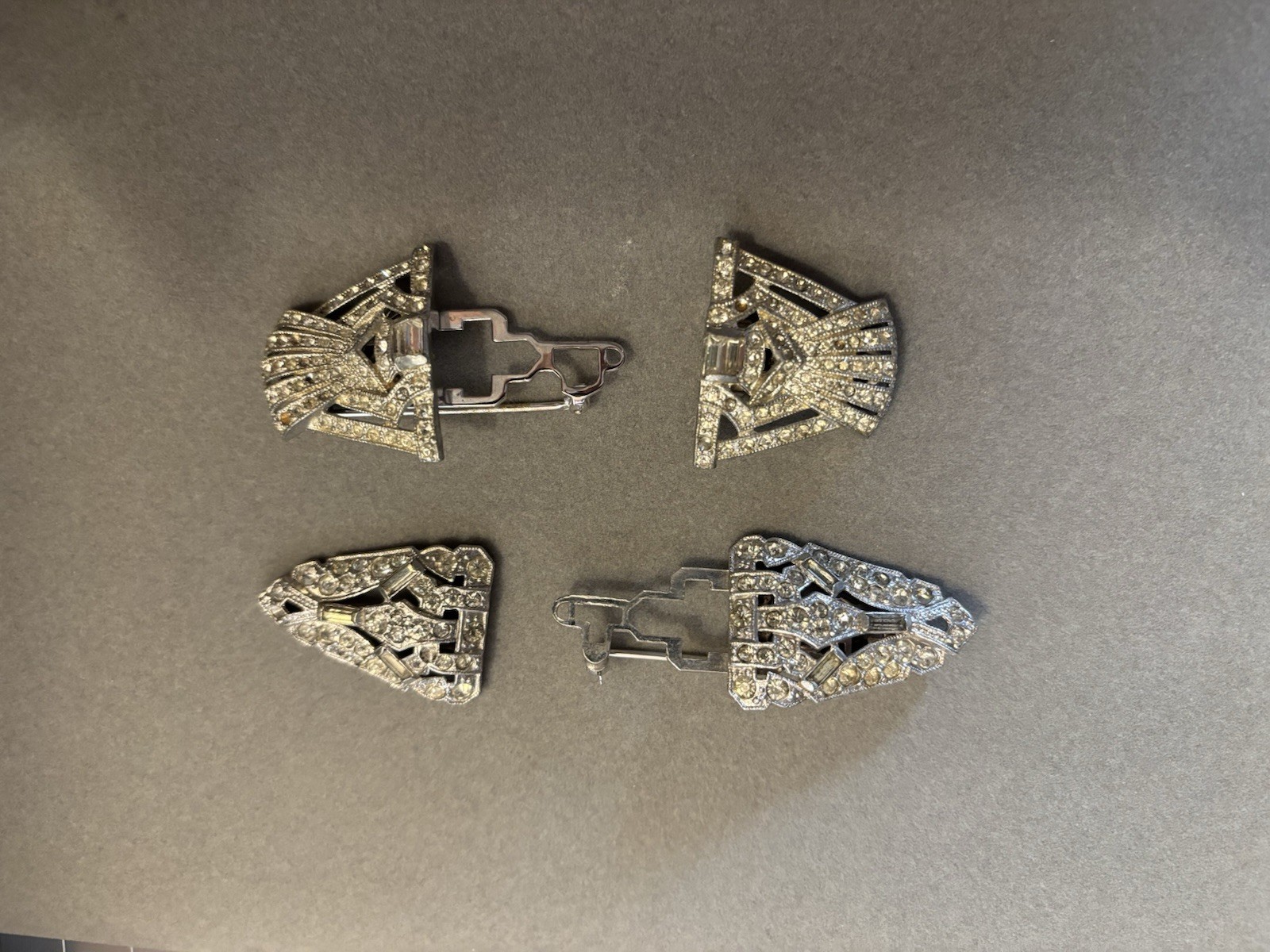Vtg Art Deco Silver Tone Duette/Double Dress Clips w/ Clear Rhinestones DAMAGED