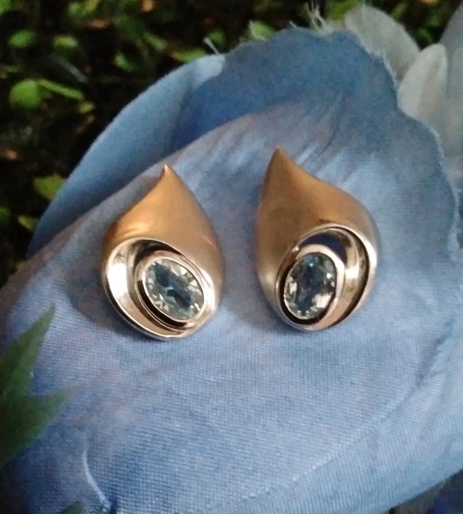 Unique Shape Blue Topaz Post Earrings Set In Satin Finish 925 Sterling Silver