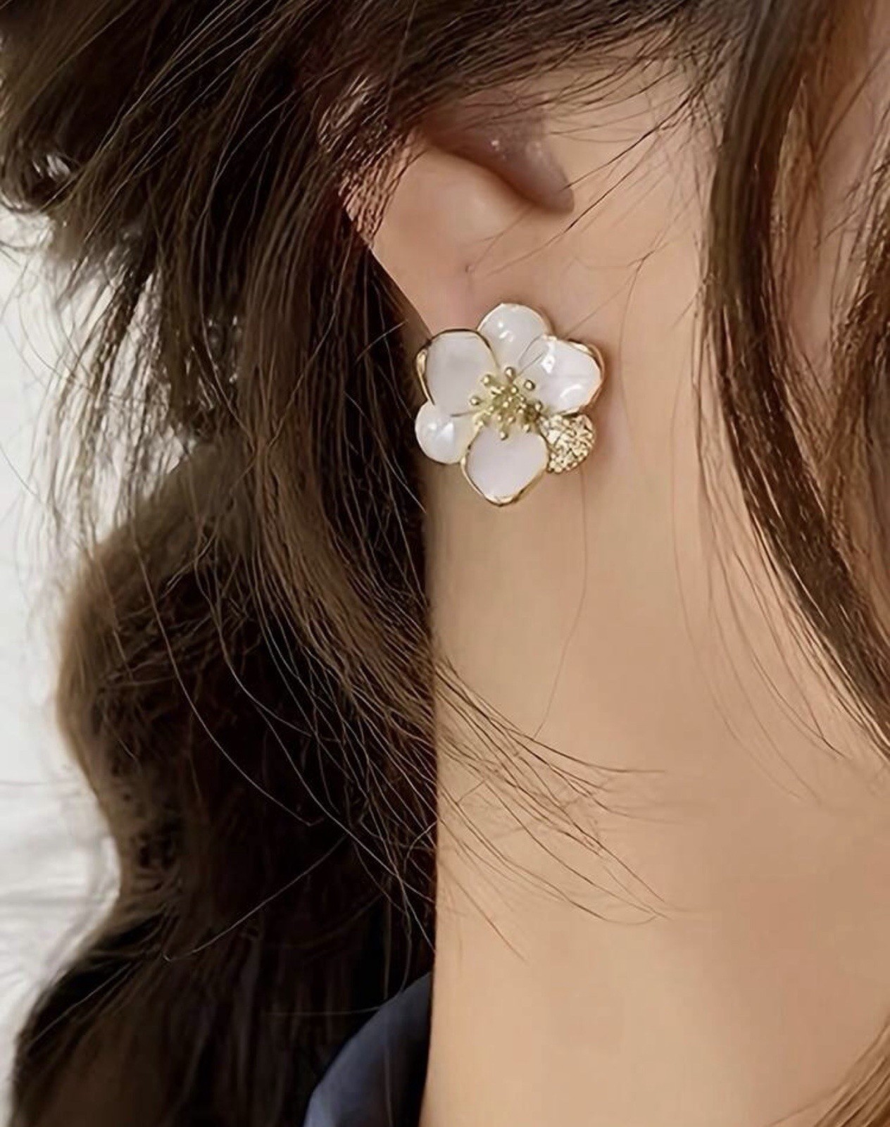 Gold-Plated Gold-Tone White Flower Crystal Pavé Stud Earrings, Butterfly