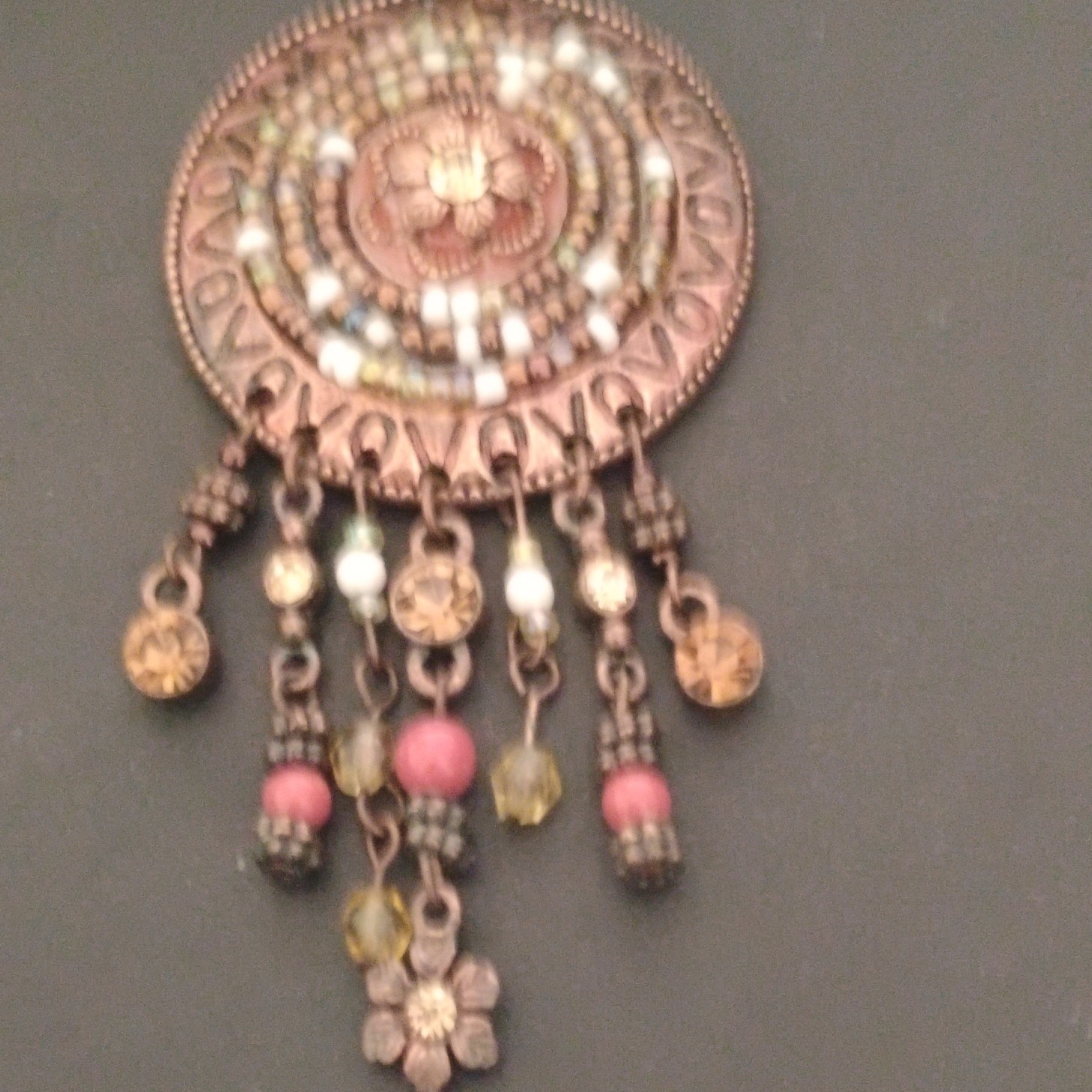 Copper Tone Bohemian Beaded Necklace Round Medal Pendant Dangle No Stone