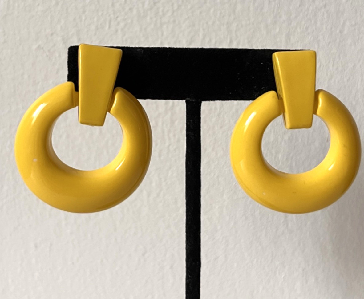 Vintage Bright Mustard Yellow Door Knocker Pierced Earrings