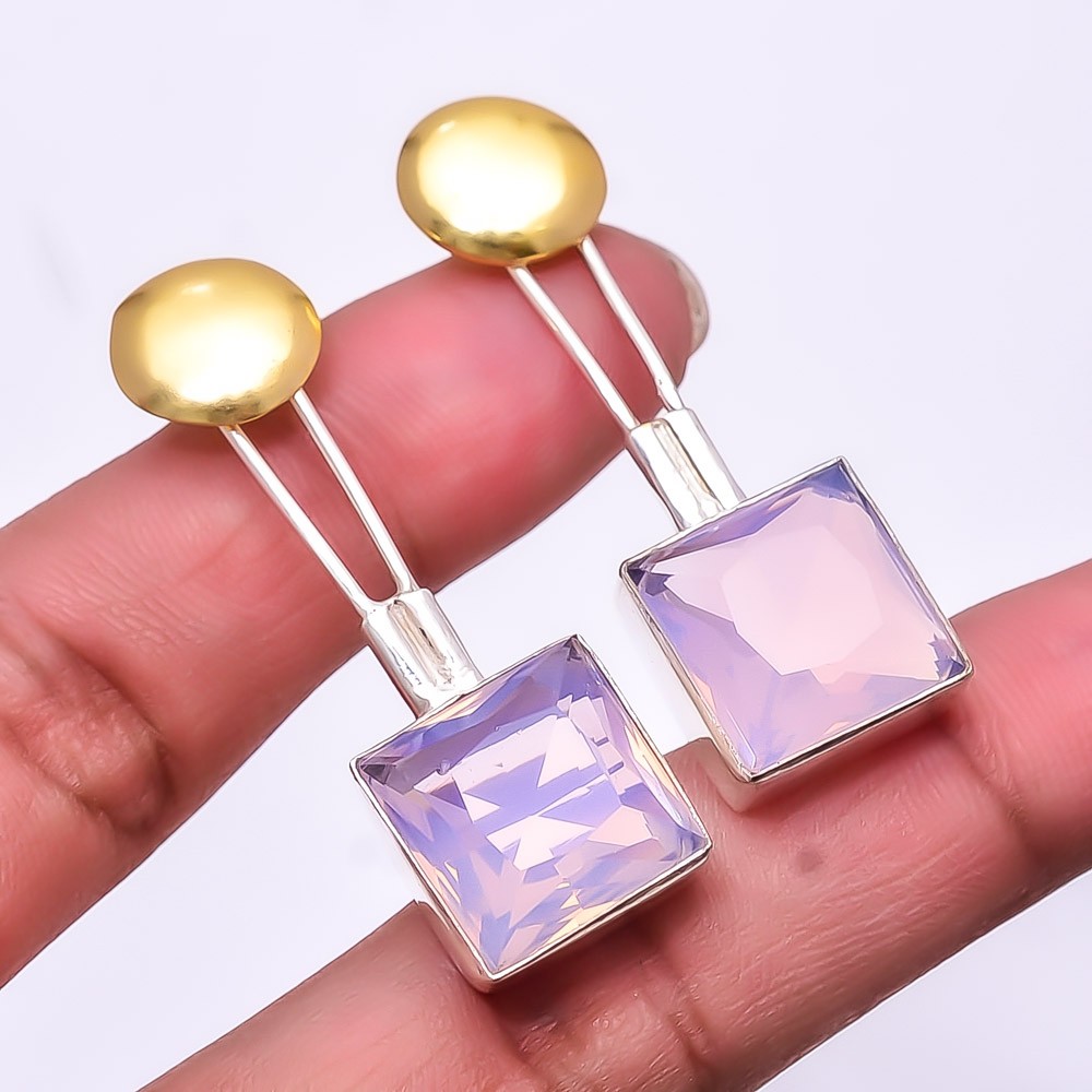 Milky Pink Opal 925 Sterling Silver Two Tone Earring 1.76″ E75, Christmas Gift