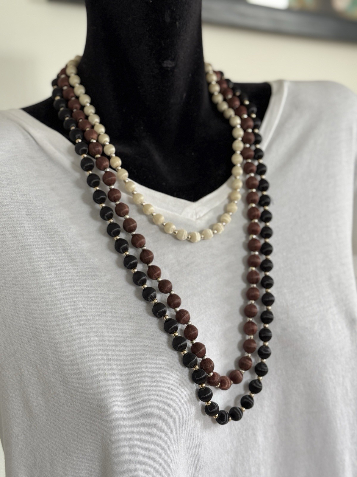 Vintage Multi-Color (Black, Brown and Ivory) Silk Beaded Necklace Set