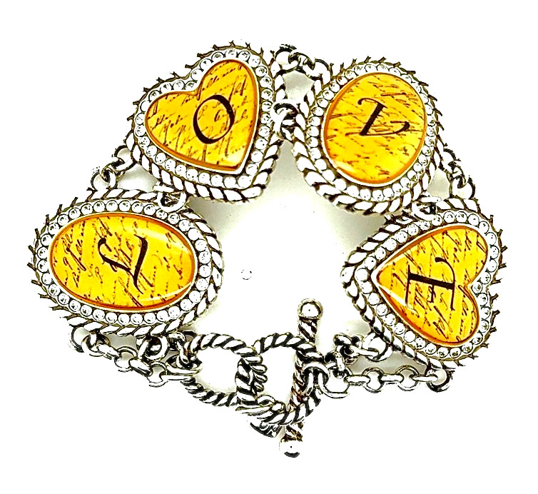 BRIGHTON LOVE YELLOW OVAL+HEARTS CLEAR SWAROVSKI CRYST WIDE LINK BRACELET LN✨VTG