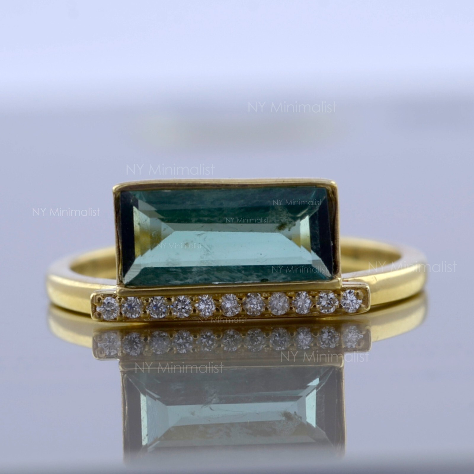 Horizontal Baguette Green Tourmaline and Pave Diamond Bar Ring In 14K Solid Gold