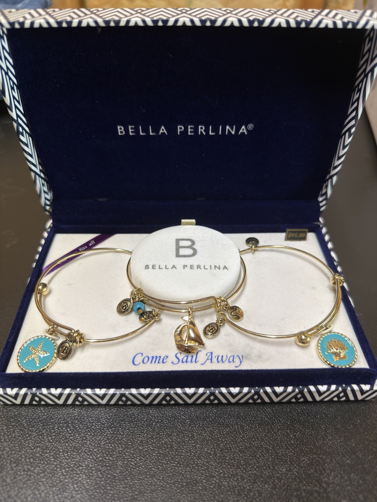 Bella Perlina European 3 Bangle Gold Charm Bracelet “Come Sail Away” Nautical
