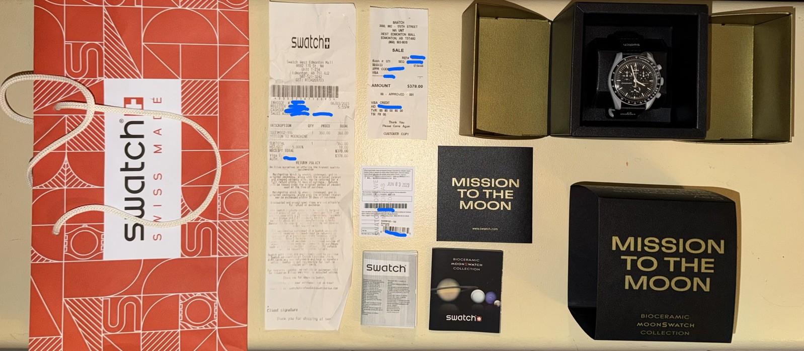 Swatch X Omega Mission To Moonshine Gold Flower Moon Full Kit bag box receipts