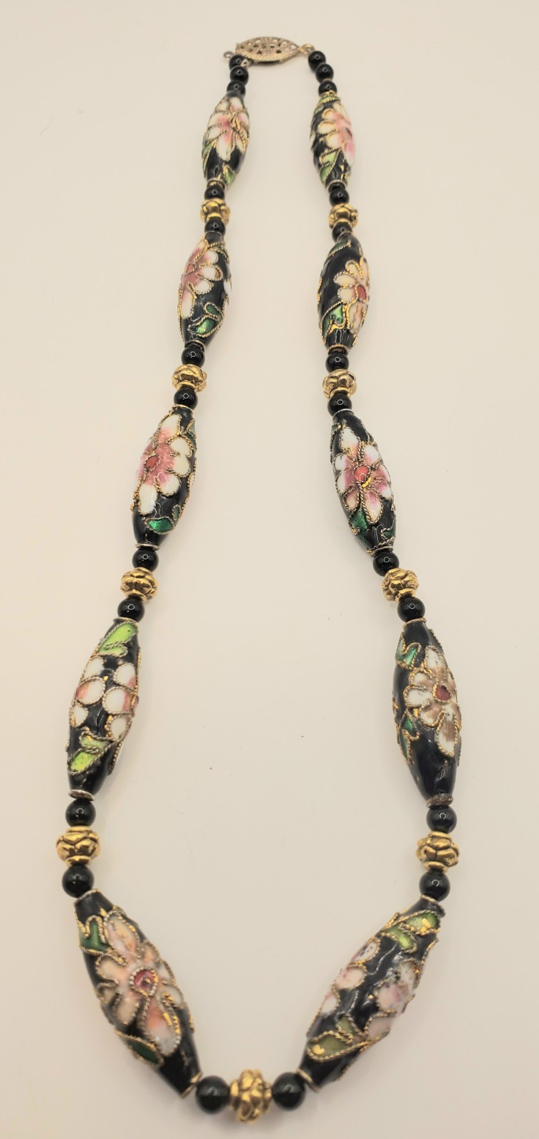 Vintage Black Cloisonne Hand Painted Floral 16″ Necklace & 2 Pr. Earrings