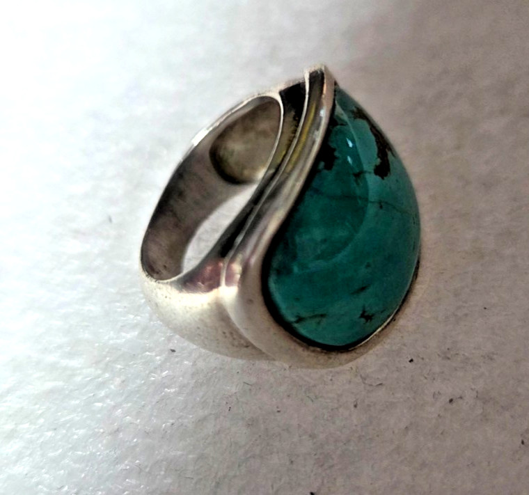 Old Pawn Chunky Unisex Sterling Silver Curved Turquoise Ring Size 6.25 11.7g
