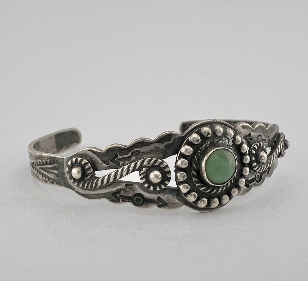 Fred Harvey Era Navajo Sterling Silver Cerrillos Turquoise Stamped Cuff Bracelet