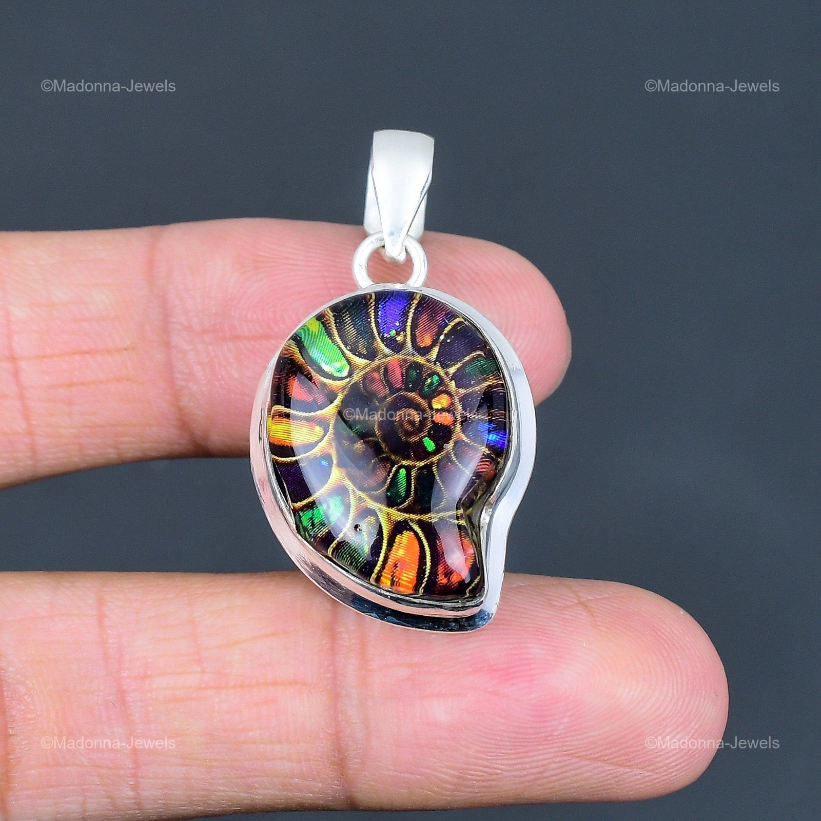 Halloween Sale 925 Sterling Silver Natural Multi Shade Ammonite Fossil Pendant