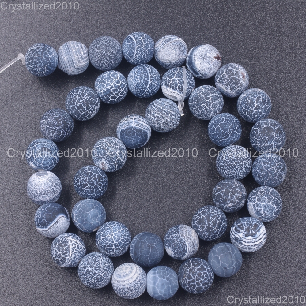Matte Frosted Black Fire Crackle Agate Gemstones Round Beads 6mm 8mm 10mm 15″