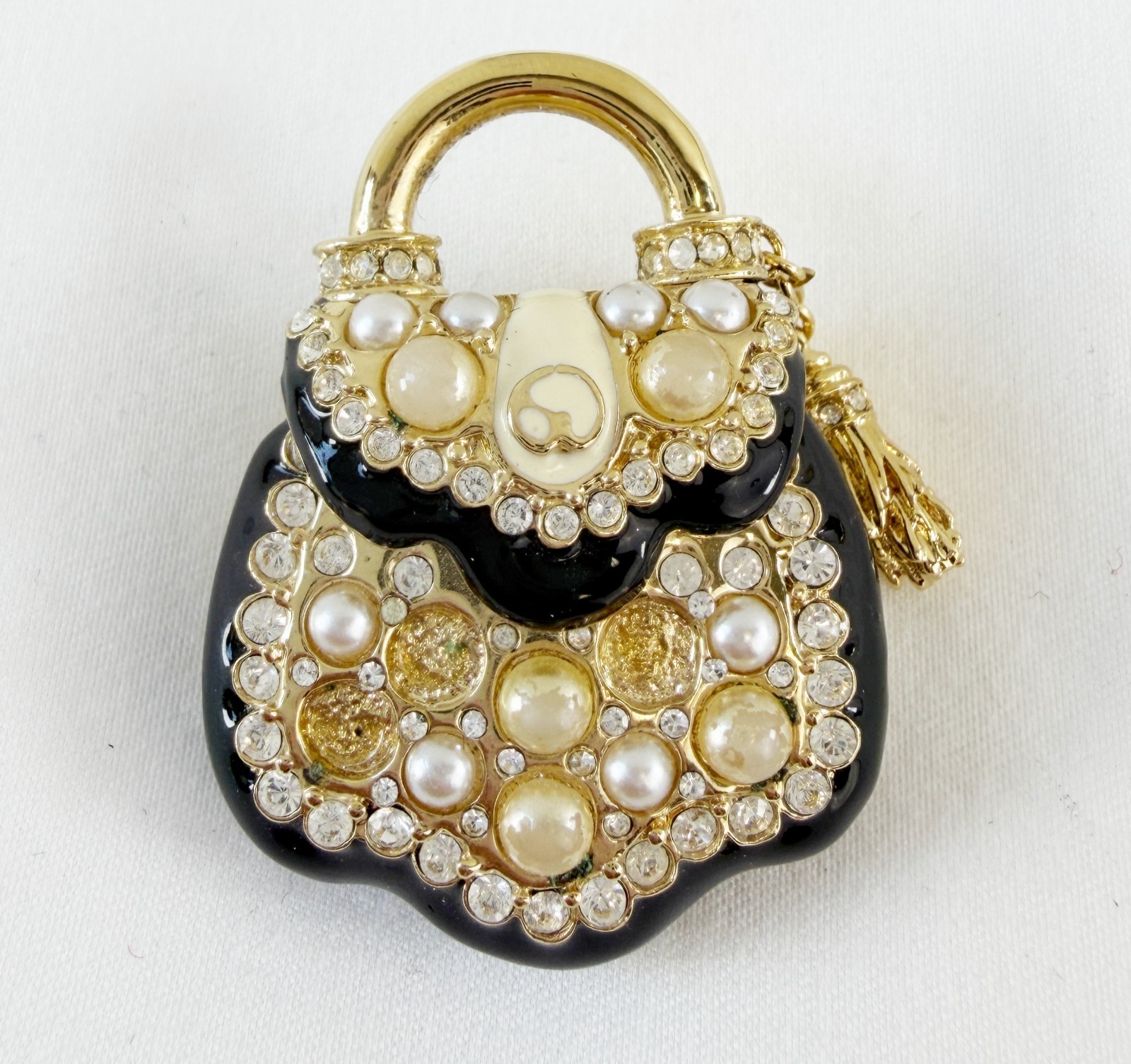 NEW ST. JOHN Handbag Brooch Black Enamel Pearl Crystals 24KGP Logo Pin Enhancer
