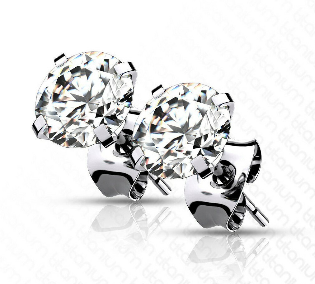 Cubic Zirconia Stud Earrings Implant Grade Titanium Hypoallergenic 2mm-7mm