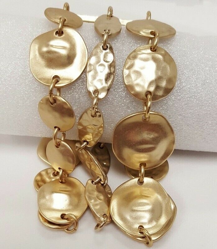 ANTIQUE BRUSHED GOLD HAMMERED MEDALLIONS BOHO HIPPIE 3 CHAIN 7.5″ BRACELET V216