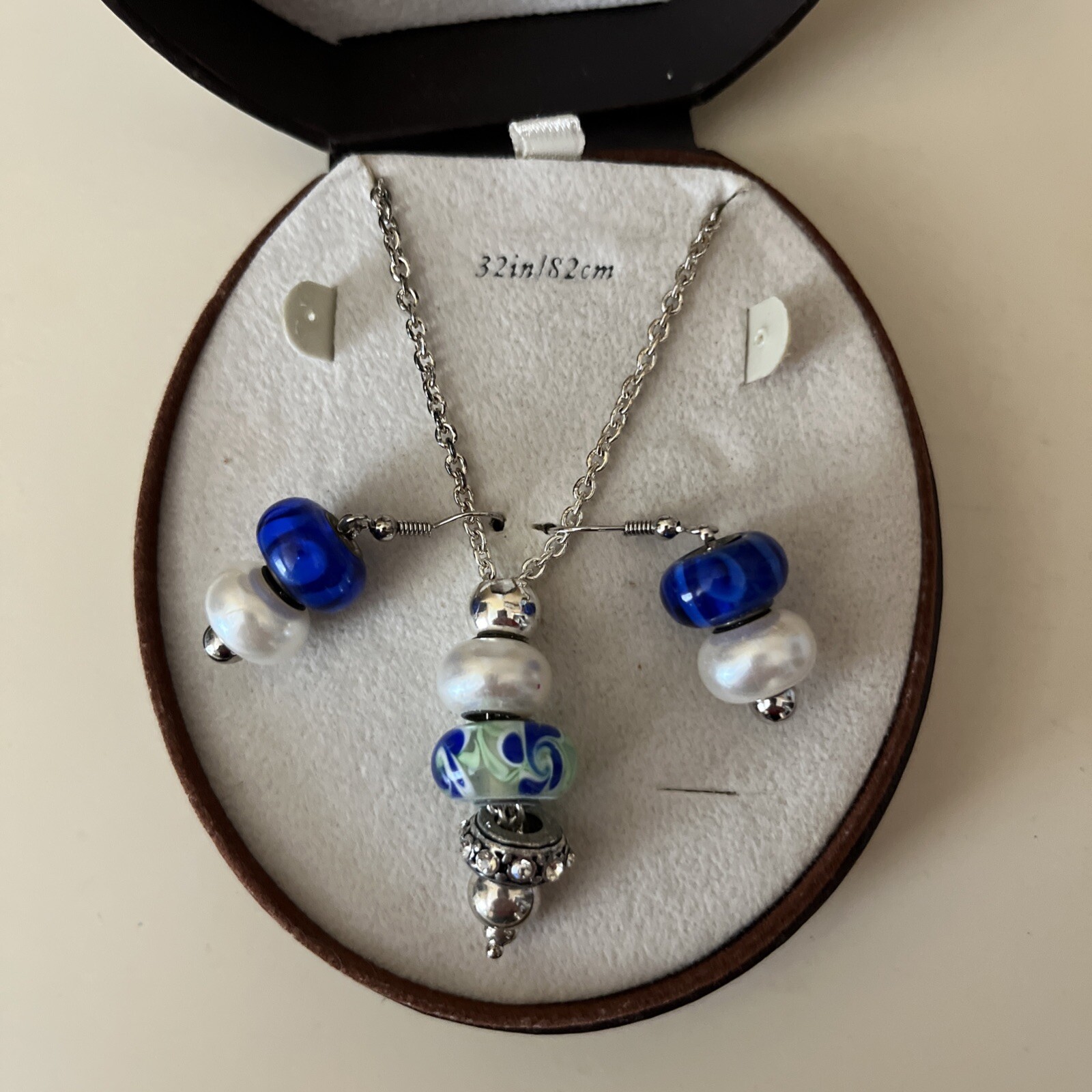 NIB~Bella Perlina Charm & Crystal Bead Earrings & Necklace Set Blue Beach 28″L