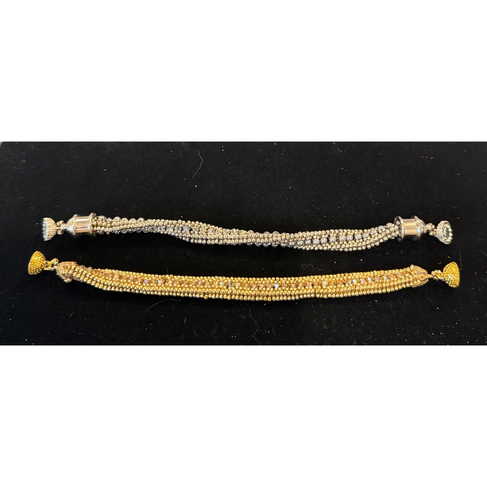 Handmade Women 7.5″ Beaded Magnetic Bracelets Gold Silver Crystal 2pc Set Artsy