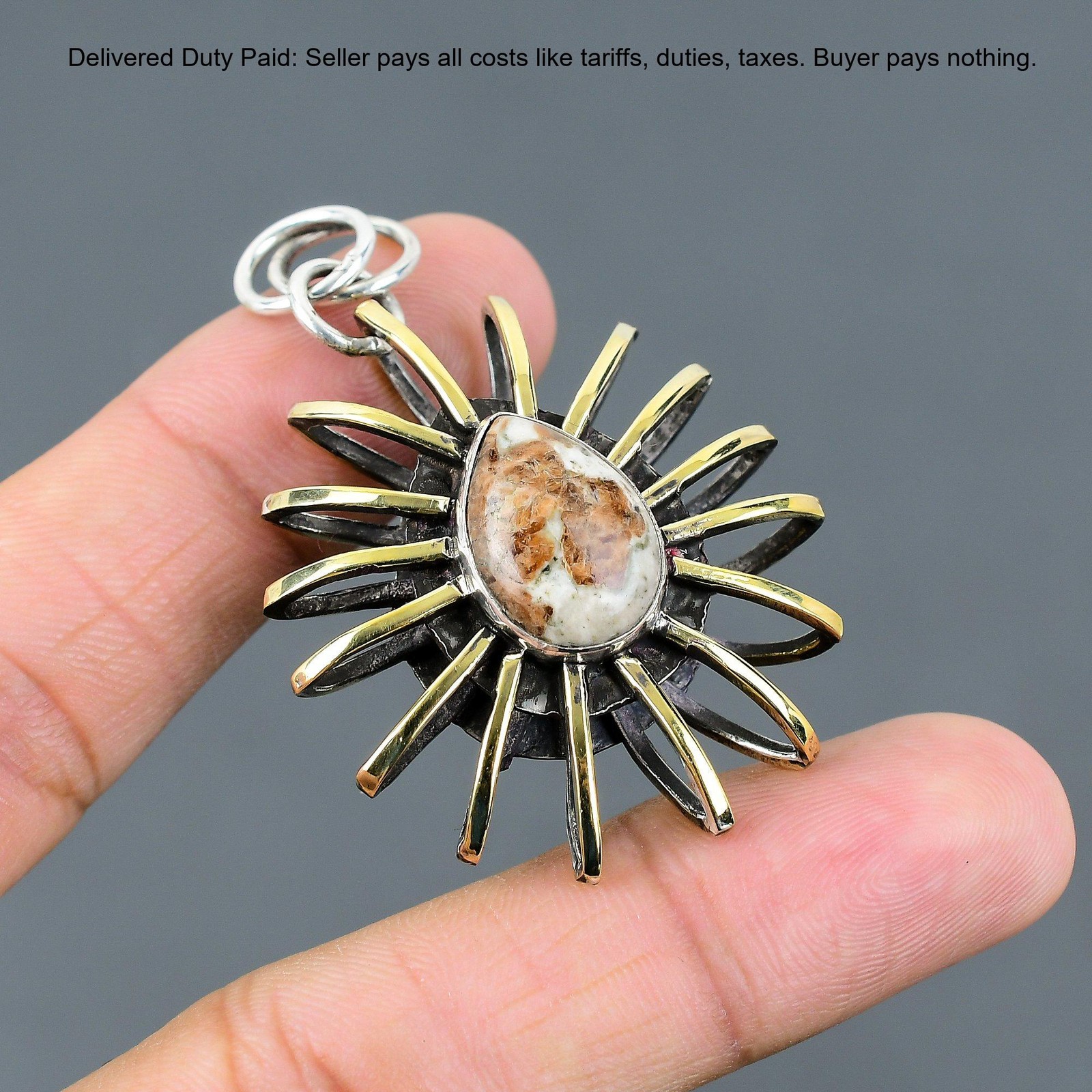 Spessartine Garnet in Limestone Gemstone 925 Silver Cage 18K Gold Plated Pendant