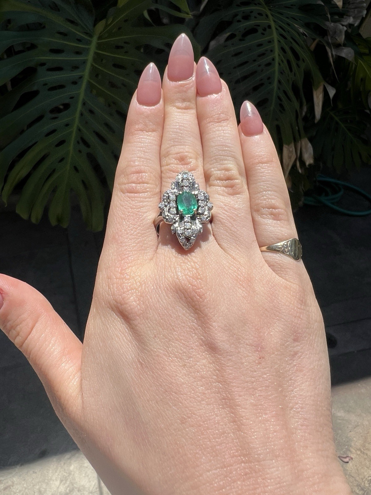 STUNNING 1ct EMERALD ring 14k white gold MANY diamonds MAY birthday ART DECO