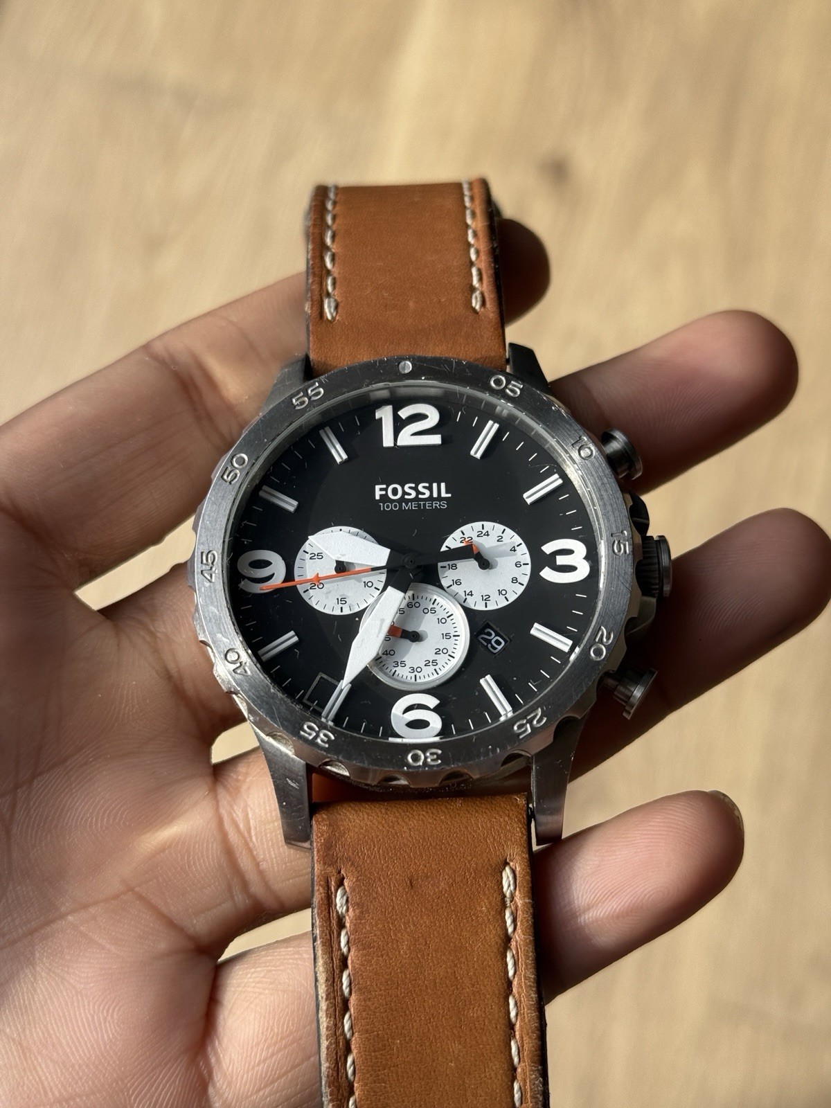Fossil Black Dial Nate Chronograph Tan Leather Watch with Silver Case Mens Watch