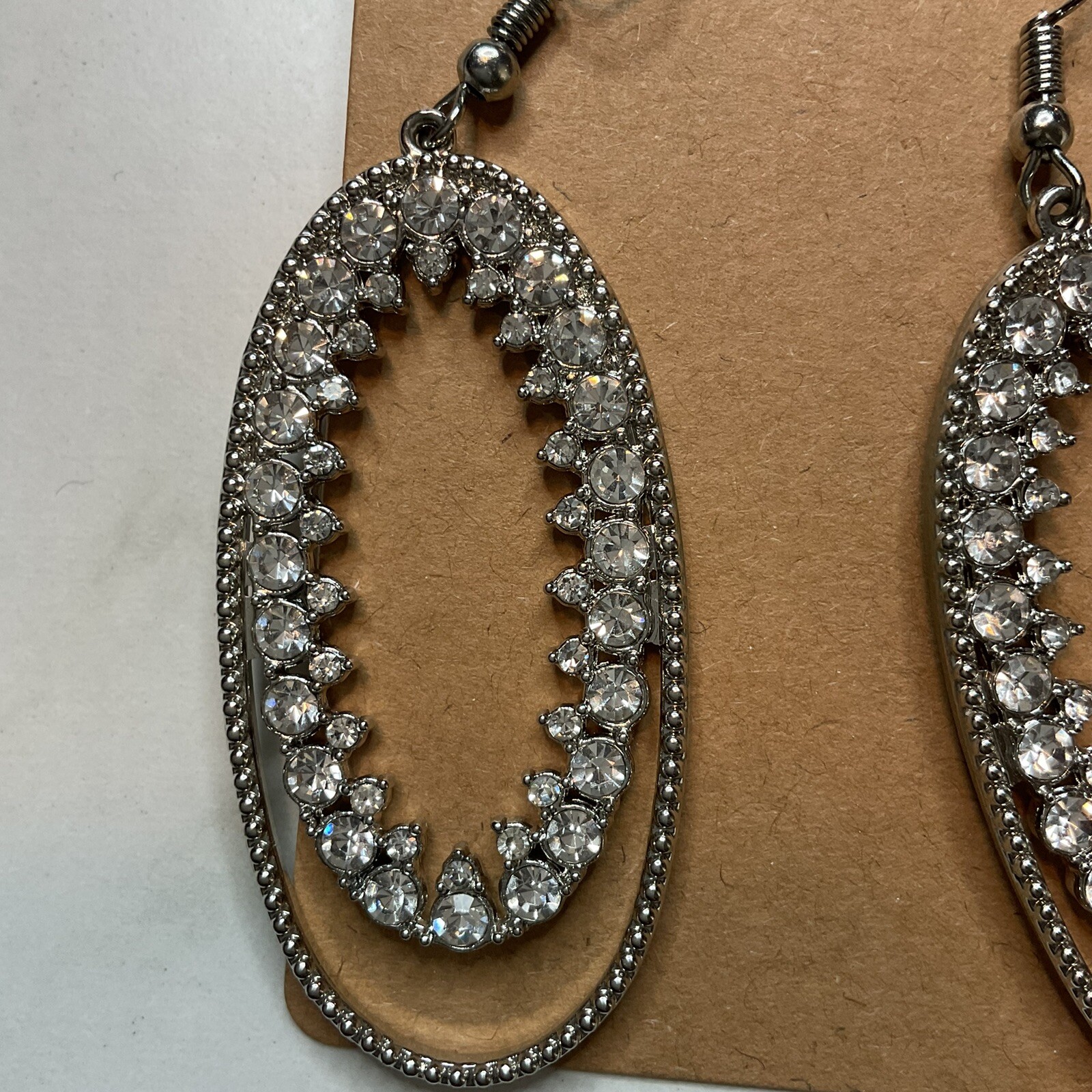 Silver Tone And White Rhinestone Earrings Oval Fashion Casual Everyday Wear