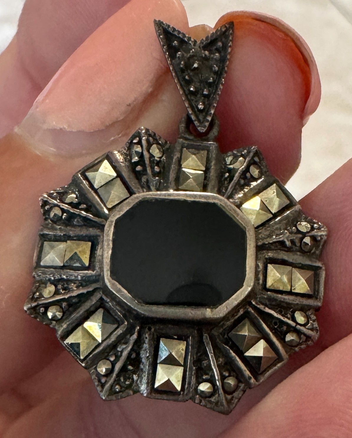 Vintage octagon-shaped pendant black onyx & marcasite stones sterling silver