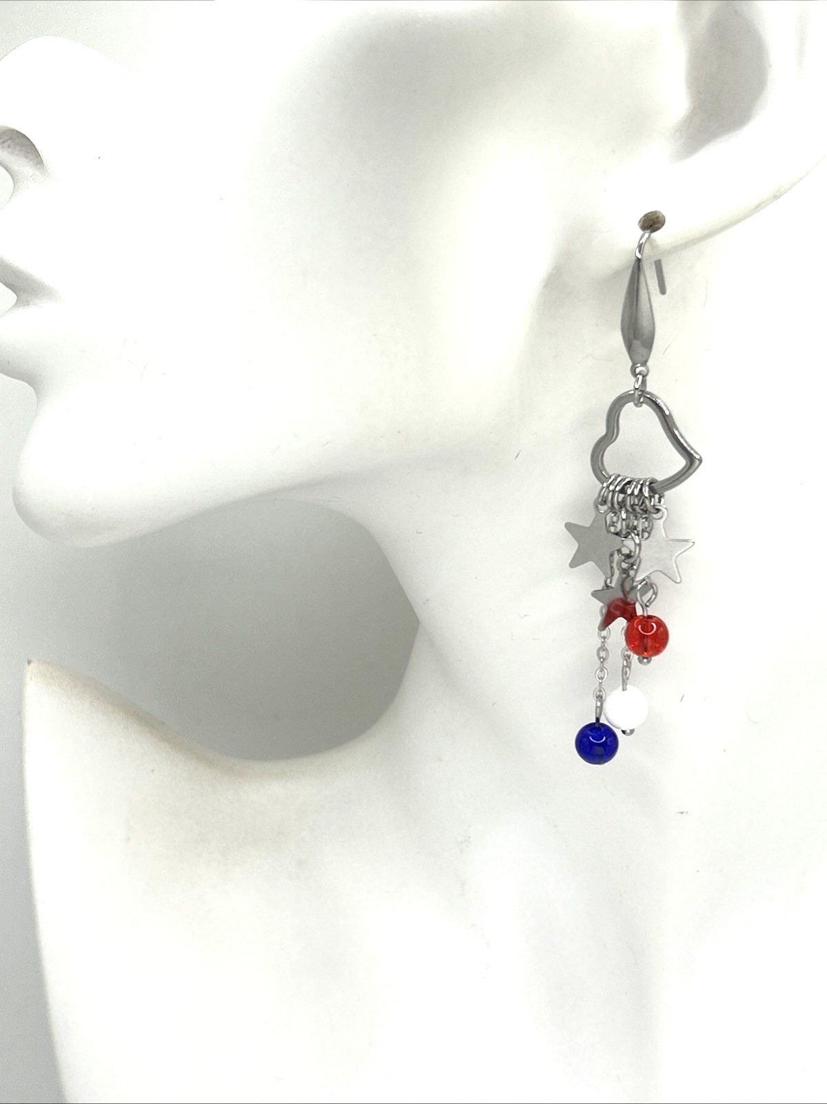 Hearts & Stars Red, White, & Blue Stainless Dangle Earrings USA 250th Patriotic